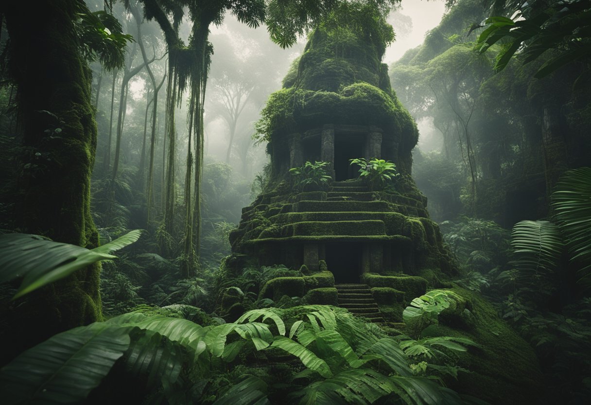 Uma densa floresta amazônica com ruínas cobertas de vegetação escondidas entre árvores majestosas e vegetação exuberante, envolta em mistério e entrelaçada com mitologia antiga.