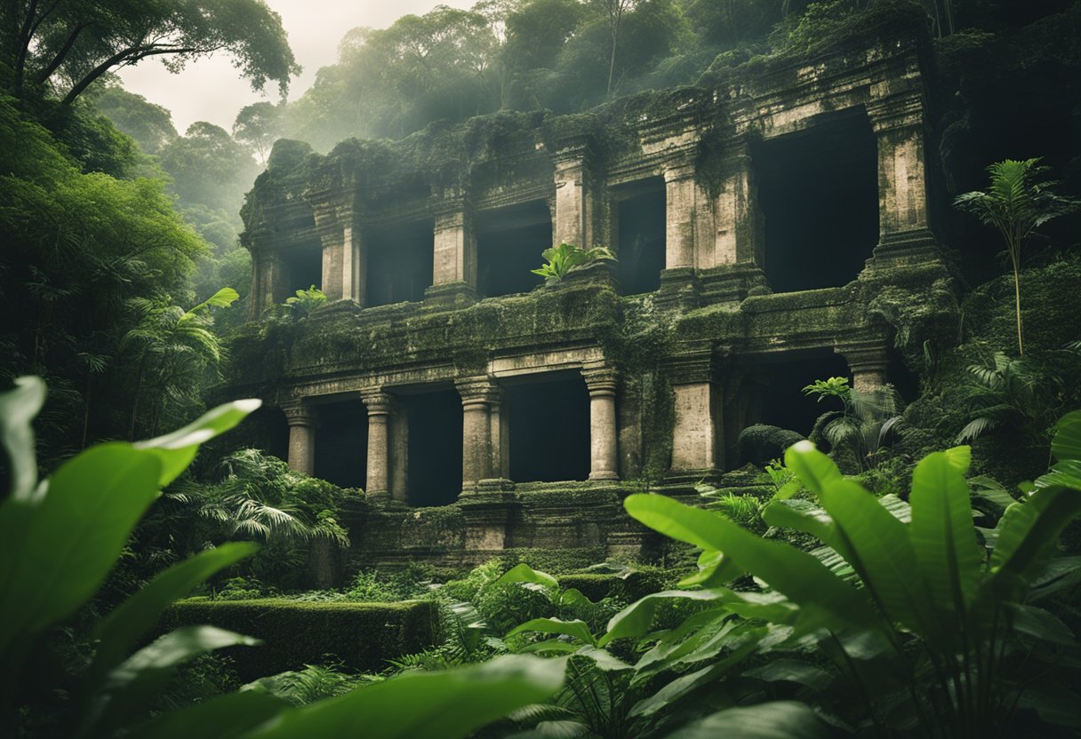 Paisagem exuberante da selva com ruínas antigas surgindo através da folhagem densa, insinuando o mistério de cidades perdidas na Amazônia.