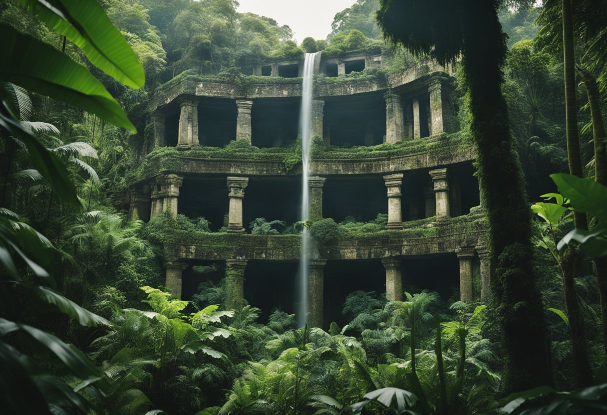 Floresta tropical exuberante com ruínas antigas emergindo da densa folhagem, cercadas por árvores altas e vida selvagem exótica na Amazônia.