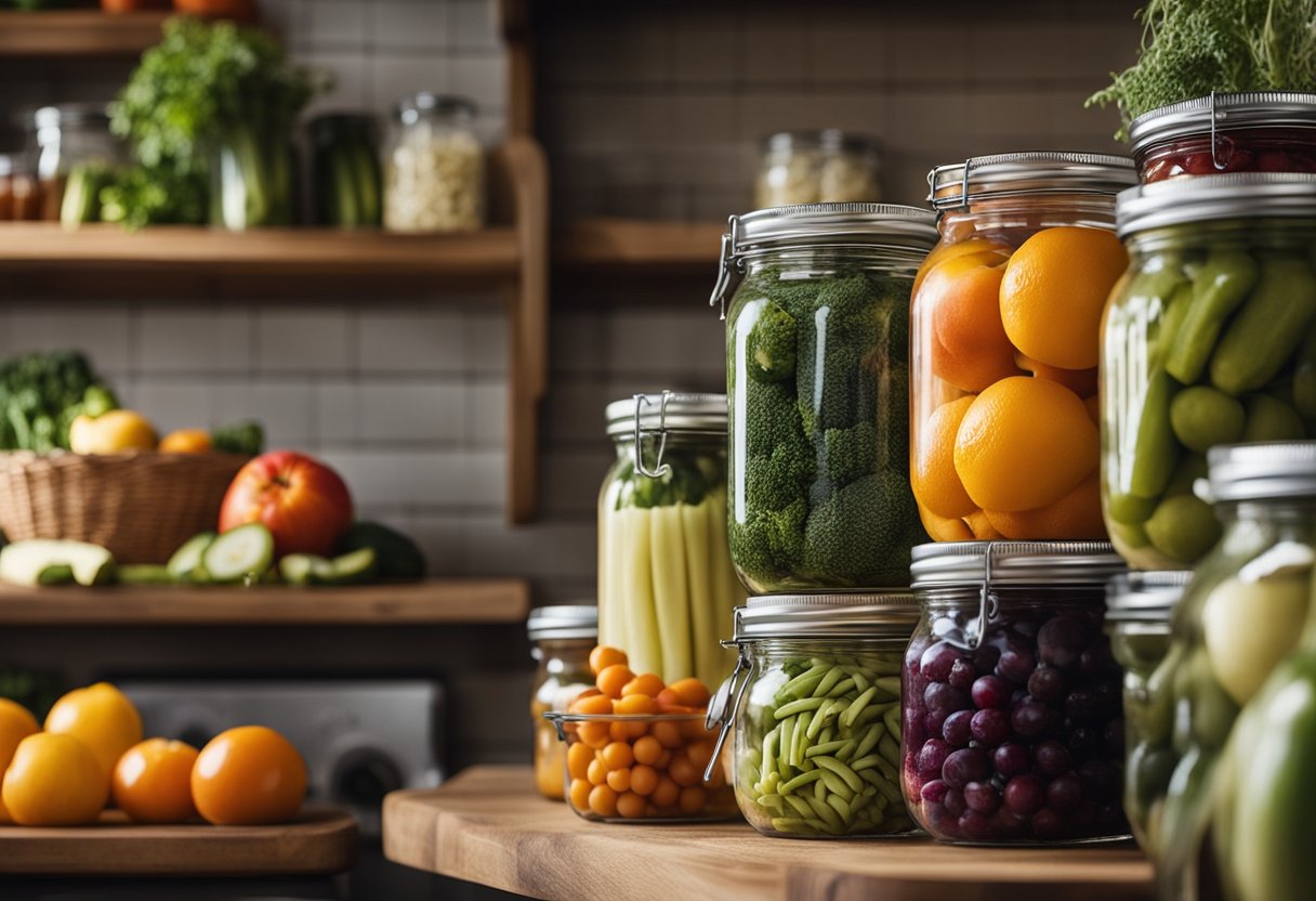 Uma bancada de cozinha com várias frutas e vegetais sendo armazenados em diferentes métodos de preservação, como enlatamento, conservas e refrigeração.