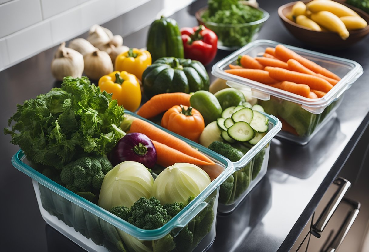 Uma bancada de cozinha com uma variedade de vegetais e frutas frescas, alguns em recipientes herméticos e outros em sacos de armazenamento respiráveis, ao lado de uma tigela de água para imersão.