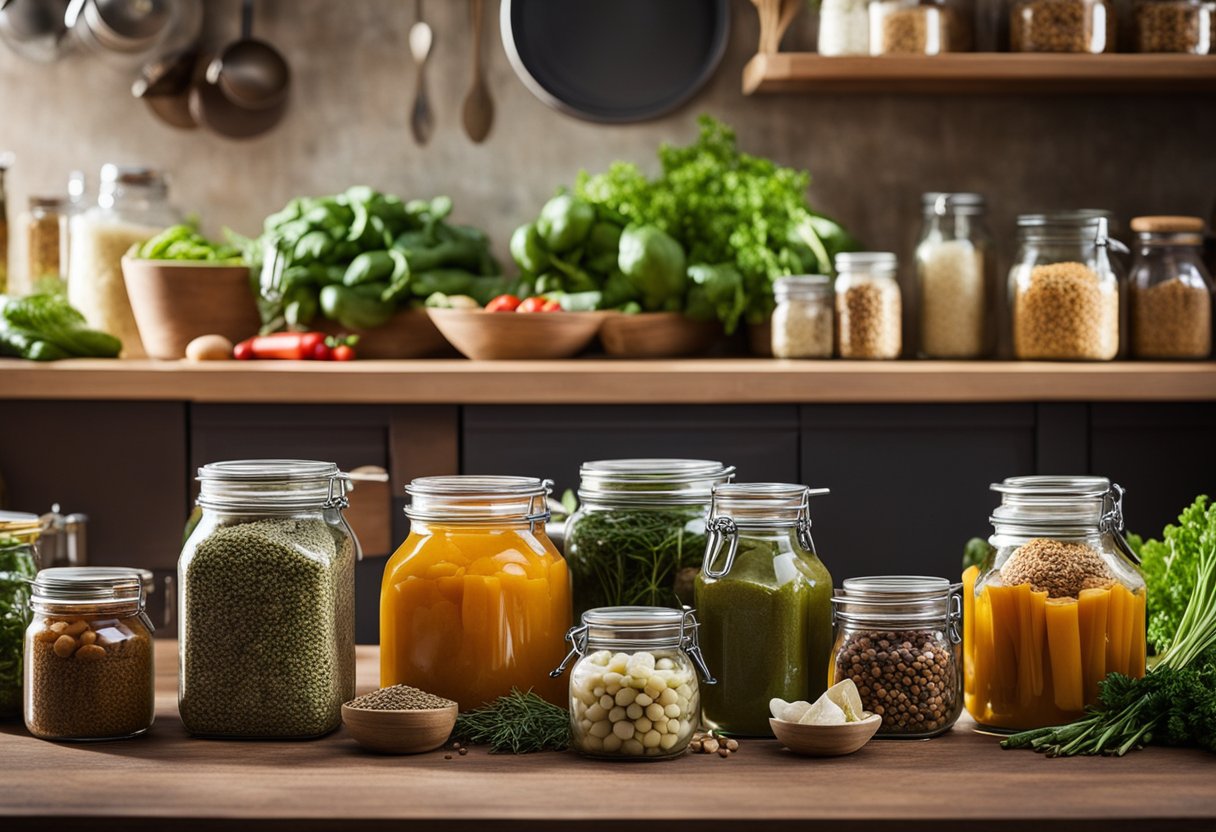 Uma bancada de cozinha aconchegante com vários potes e recipientes cheios de alimentos fermentando, cercada por vegetais frescos, ervas e especiarias.