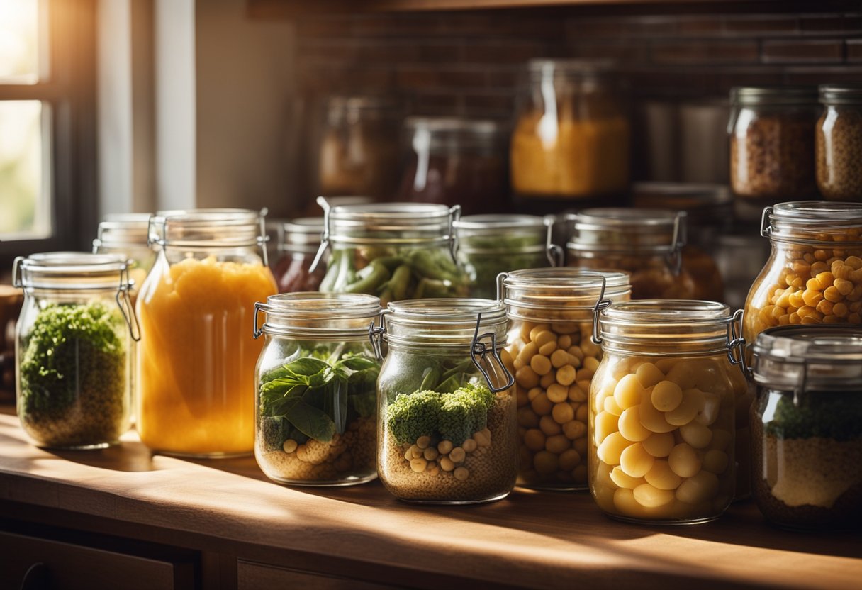 Uma cozinha aconchegante com potes de alimentos em fermentação, cercada por produtos frescos e equipamentos de fermentação. A luz do sol entra pela janela, lançando um brilho quente sobre a cena.