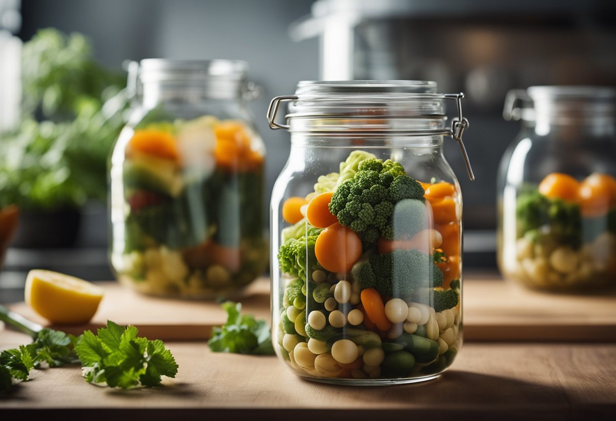 Um pote de vidro cheio de vegetais em fermentação, emitindo bolhas e um aroma ácido. Um pequeno sifão permite que os gases escapem.