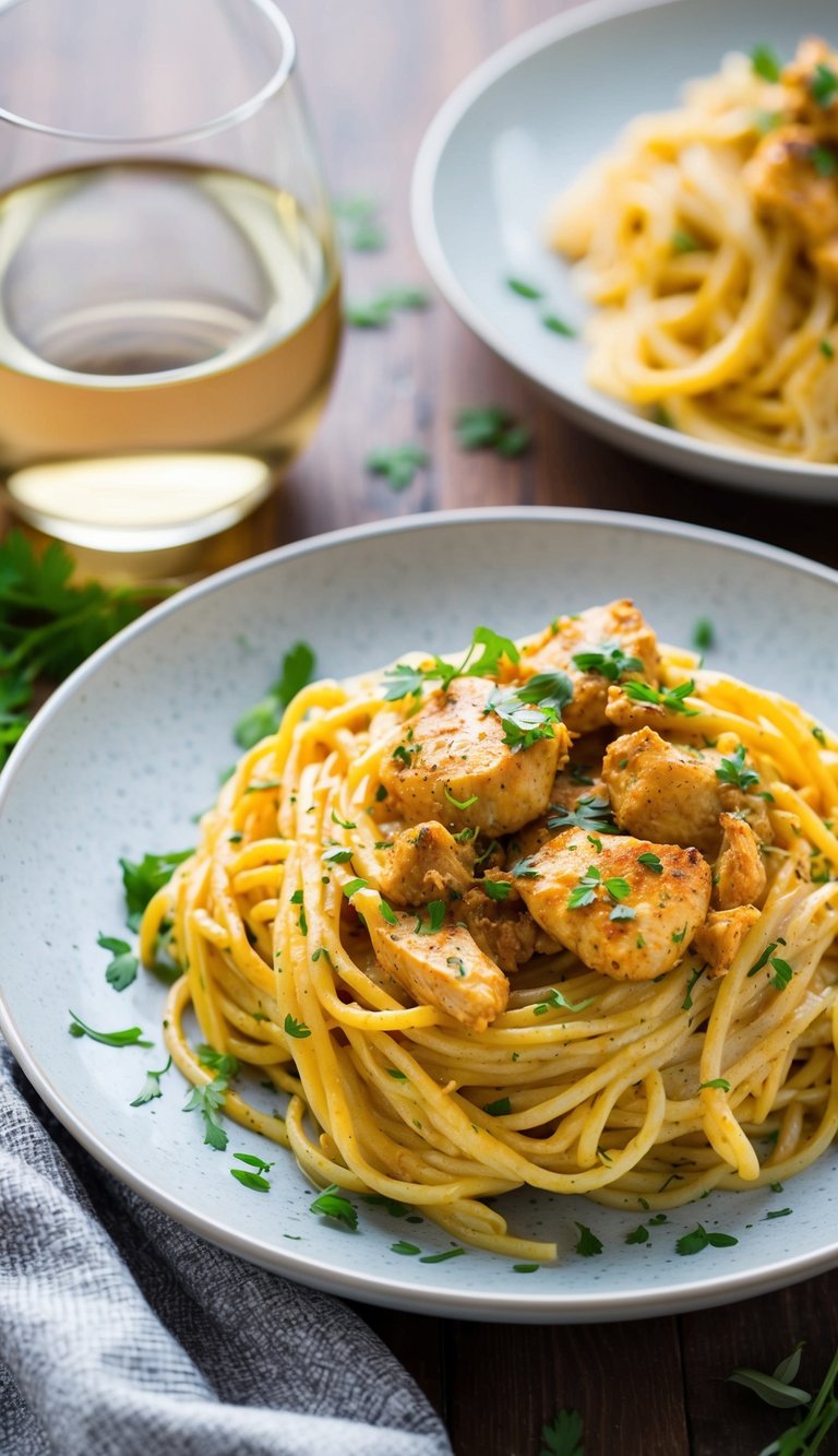 10 Creamy Cajun Chicken Pasta Recipes That Will Spice Up Your Dinner Tonight! 4 A steaming plate of creamy Cajun chicken spaghetti, garnished with fresh herbs and served alongside a glass of white wine