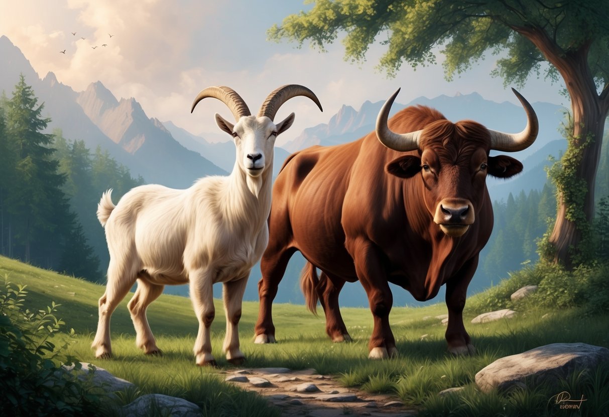 A majestic mountain goat stands confidently beside a sturdy bull, both surrounded by lush greenery and a tranquil, earthy atmosphere