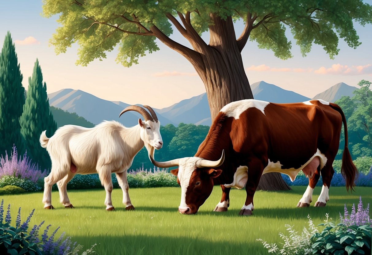 A serene garden with a sturdy oak tree and a patient bull grazing peacefully alongside a determined mountain goat