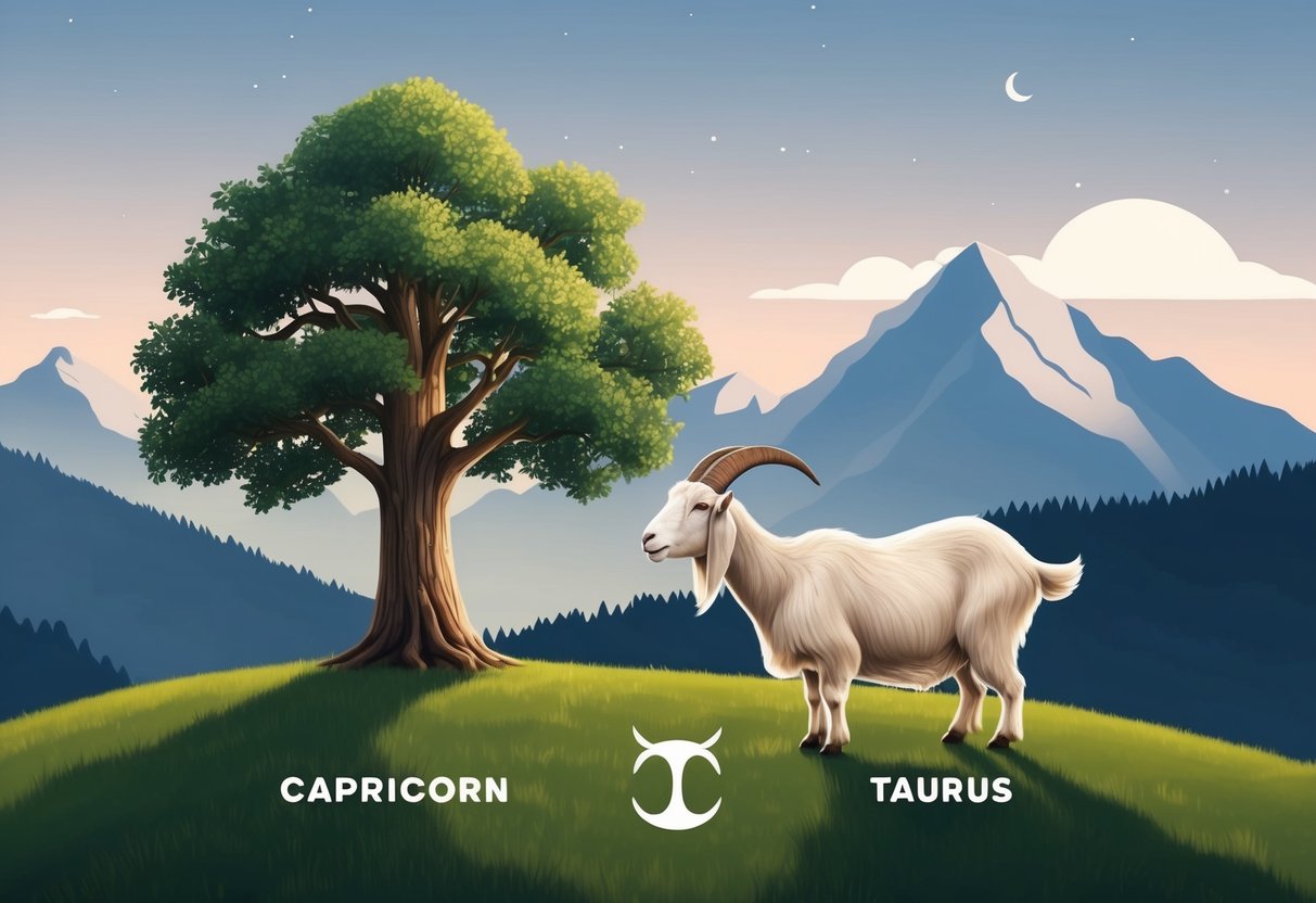 A serene mountain landscape with a sturdy oak tree and a patient goat standing side by side, symbolizing the steadfast and grounded relationship dynamics of Capricorn and Taurus