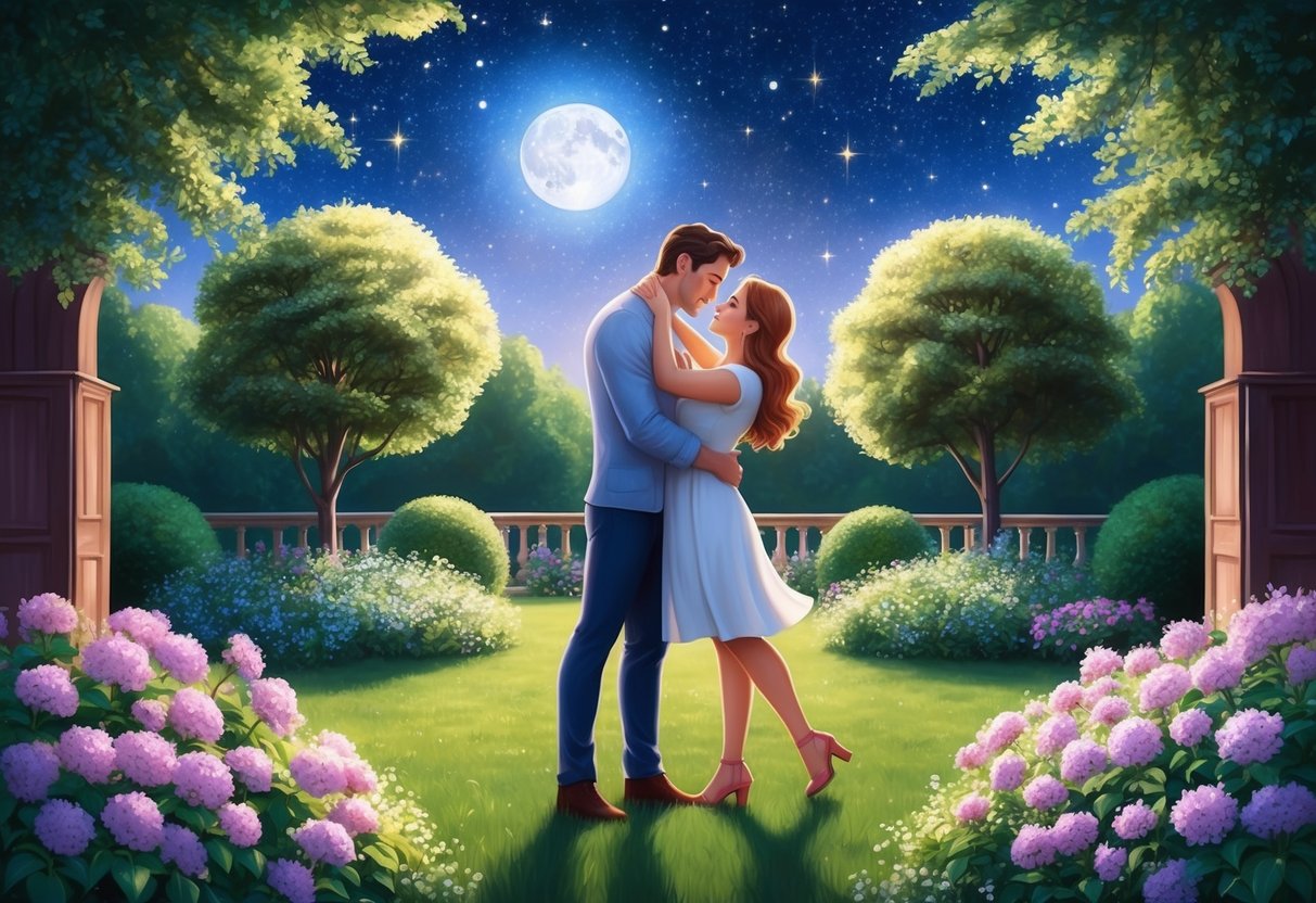 A serene garden with blooming flowers under a starry sky, as a capricorn and taurus embrace in a tender, loving moment