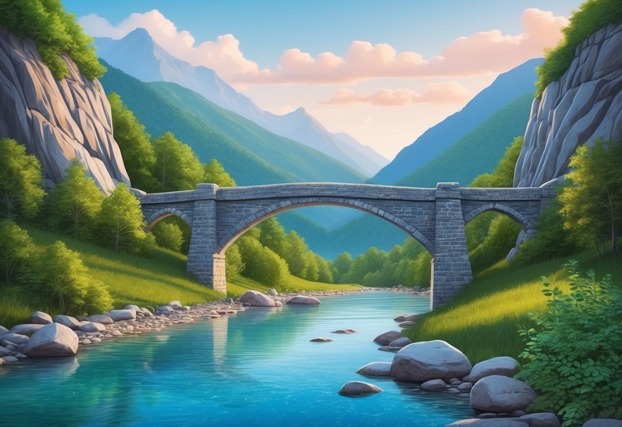 A serene mountain landscape with a sturdy stone bridge connecting two cliffs, surrounded by lush greenery and a clear, flowing river