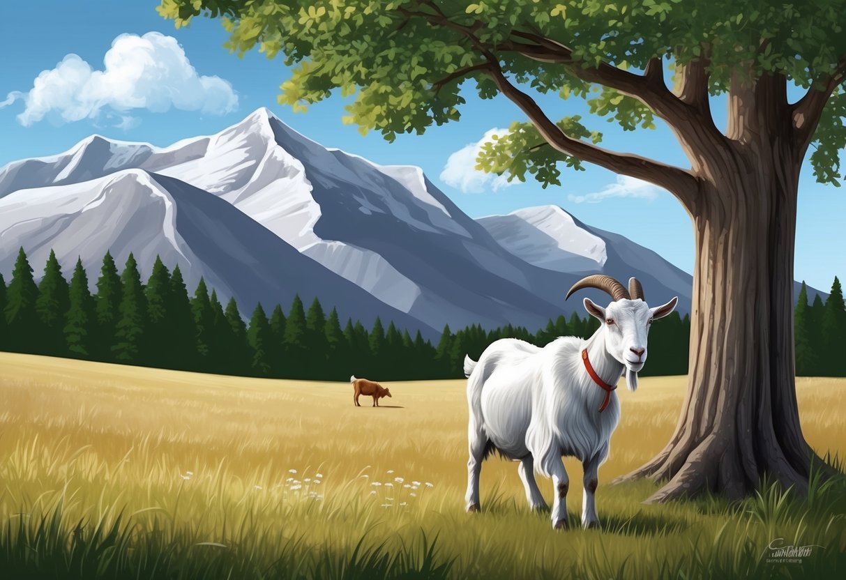 A serene mountain landscape with a sturdy oak tree and a patient goat grazing peacefully in a field