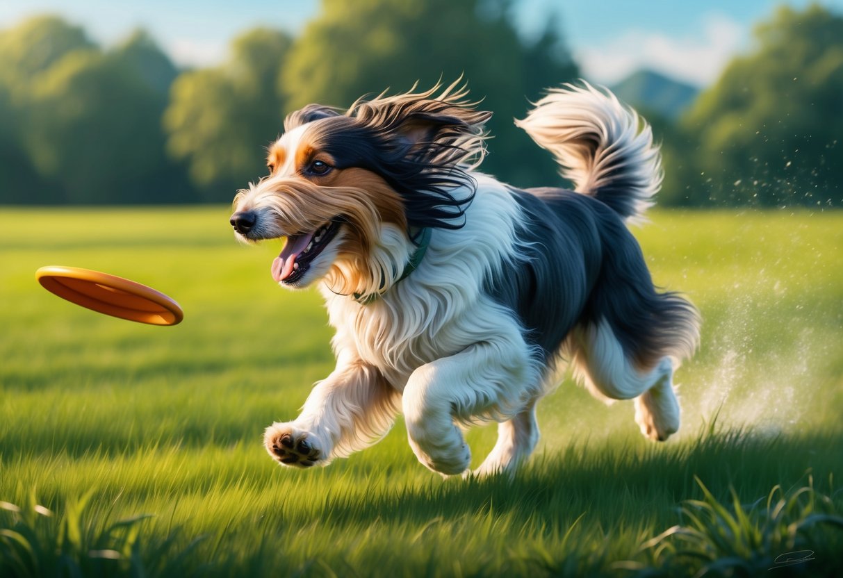 A Bearded Collie dog running through a lush green field, its long, shaggy coat flowing in the wind as it playfully chases after a frisbee