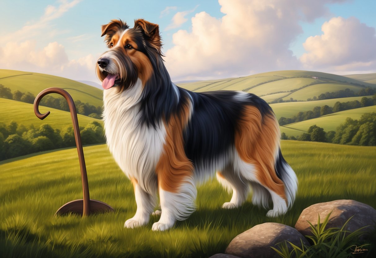 A Bearded Collie stands proudly in a lush, rolling countryside, with a shepherd's crook lying nearby. The dog's long, shaggy coat blows gently in the wind as it gazes off into the distance