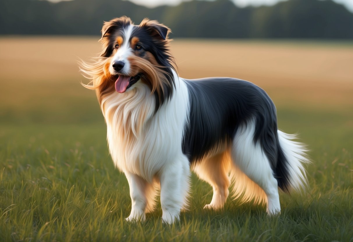 A Bearded Collie dog standing in a grassy field, with its long, shaggy fur blowing in the wind