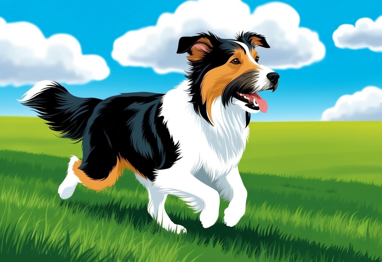 A Bearded Collie dog running through a green field, with a bright blue sky and fluffy white clouds in the background