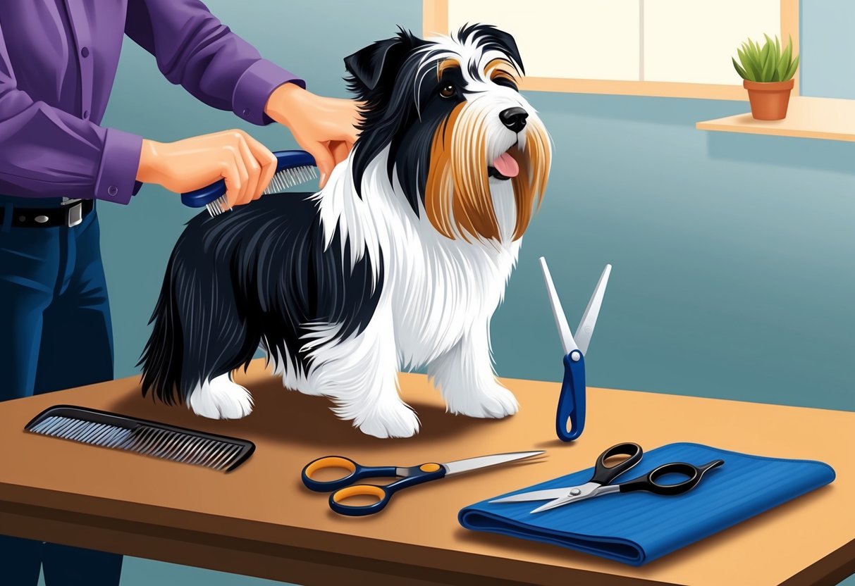 A Bearded Collie dog being brushed and groomed, with a comb and scissors on a table nearby