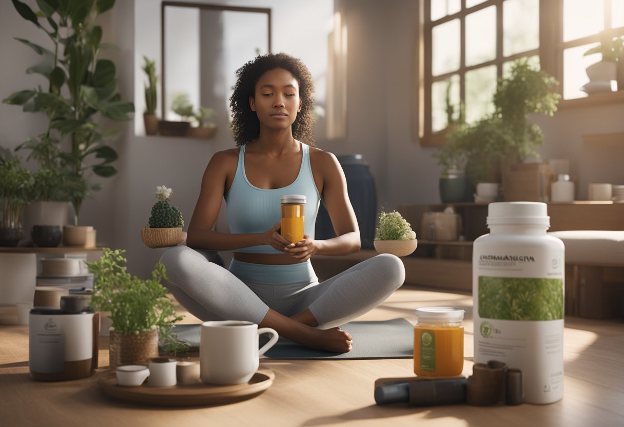 A woman surrounded by various health and wellness items, including a bottle of ashwagandha supplements, a yoga mat, and a cup of herbal tea