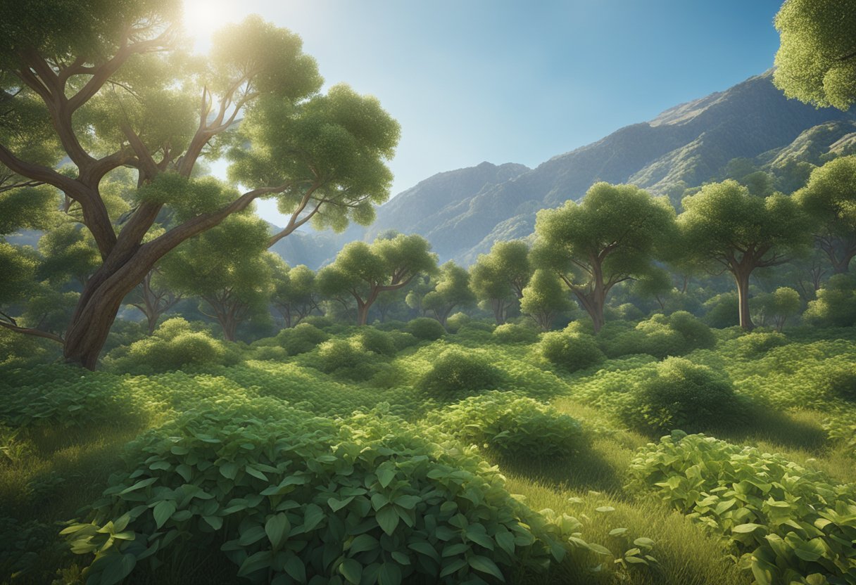 A serene forest with Ashwagandha and Rhodiola plants growing amidst a backdrop of mountains and a clear blue sky