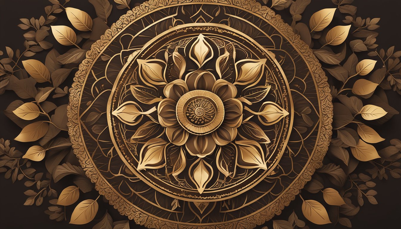 A mandala of fig leaves in rich earth tones, showcasing their traditional and modern uses with intricate details and subtle golden highlights