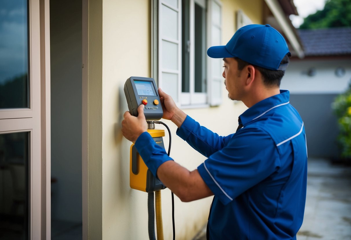 A technician using specialized equipment to detect leaks in a Malaysian house