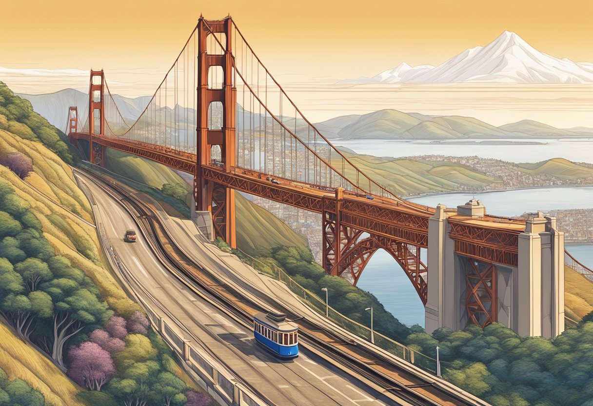 The Golden Gate Bridge stands tall against a backdrop of rolling hills and a vibrant cityscape, with cable cars traversing the streets below