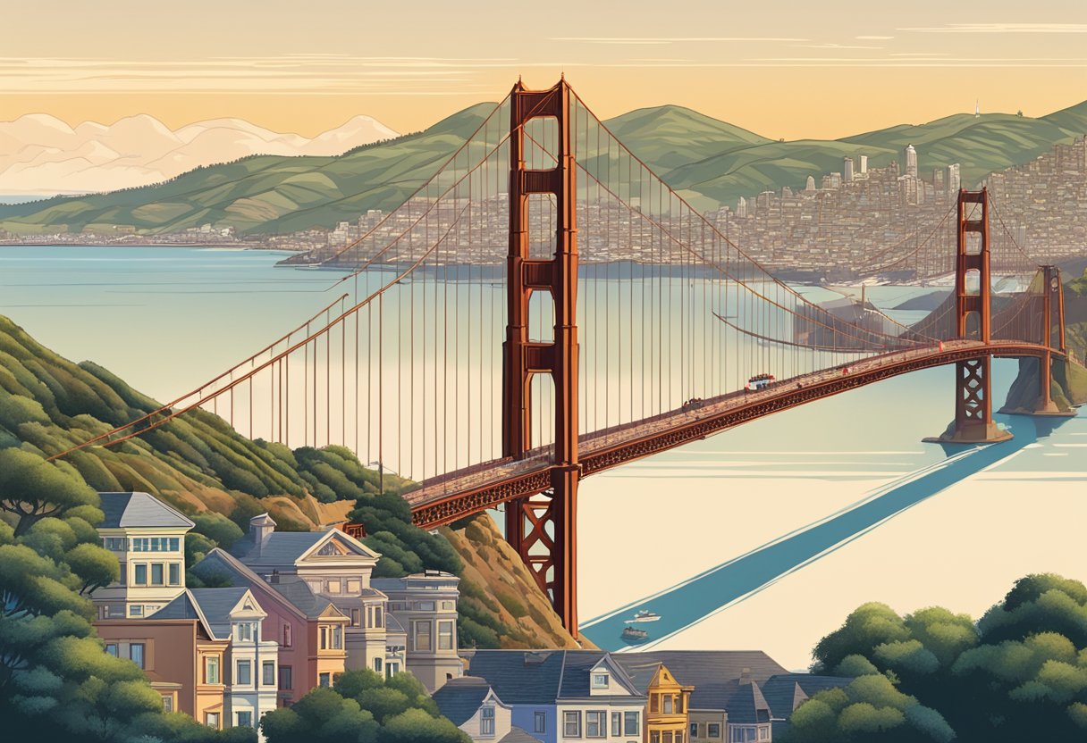 The Golden Gate Bridge towers over a bustling waterfront, with cable cars and Victorian houses dotting the hilly streets of San Francisco