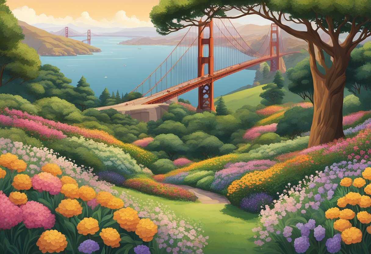 A lush park with rolling hills overlooks the iconic Golden Gate Bridge, surrounded by blooming flowers and towering trees