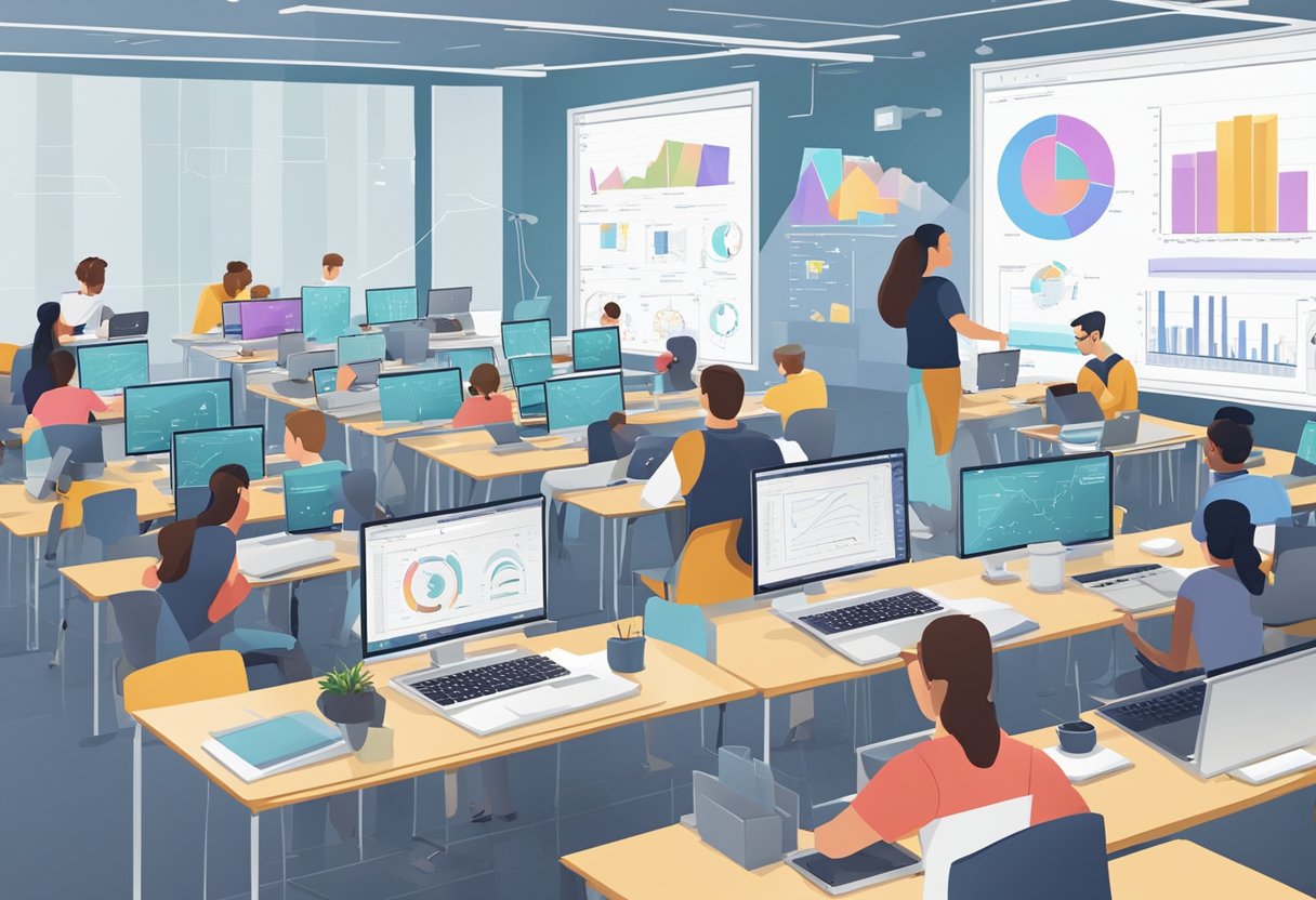 A computer science classroom with students working on laptops, surrounded by whiteboards filled with code and diagrams