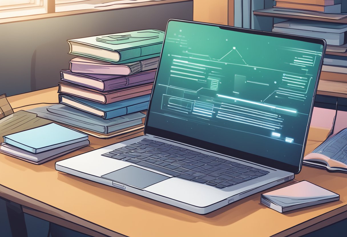 A stack of cybersecurity textbooks and a laptop open to a coding program