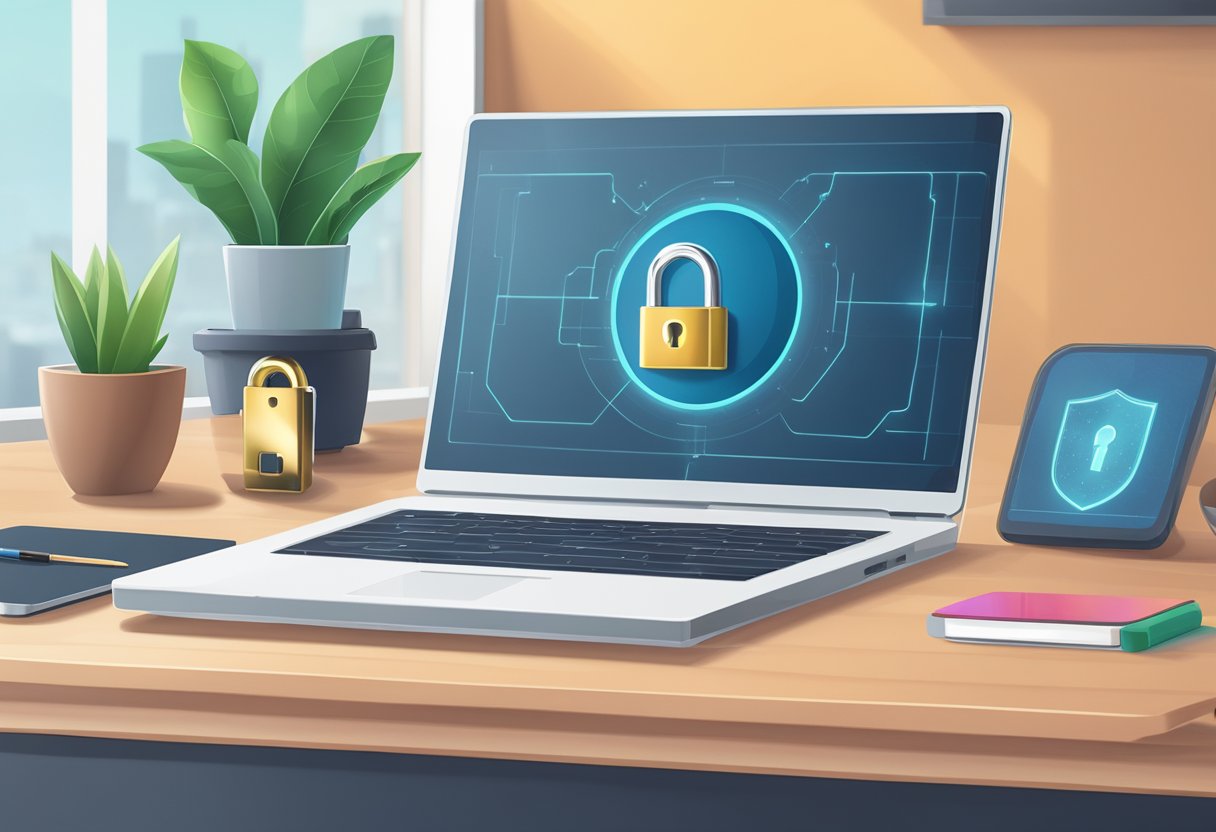 A laptop on a desk with a padlock, shield, and key symbolizing cybersecurity