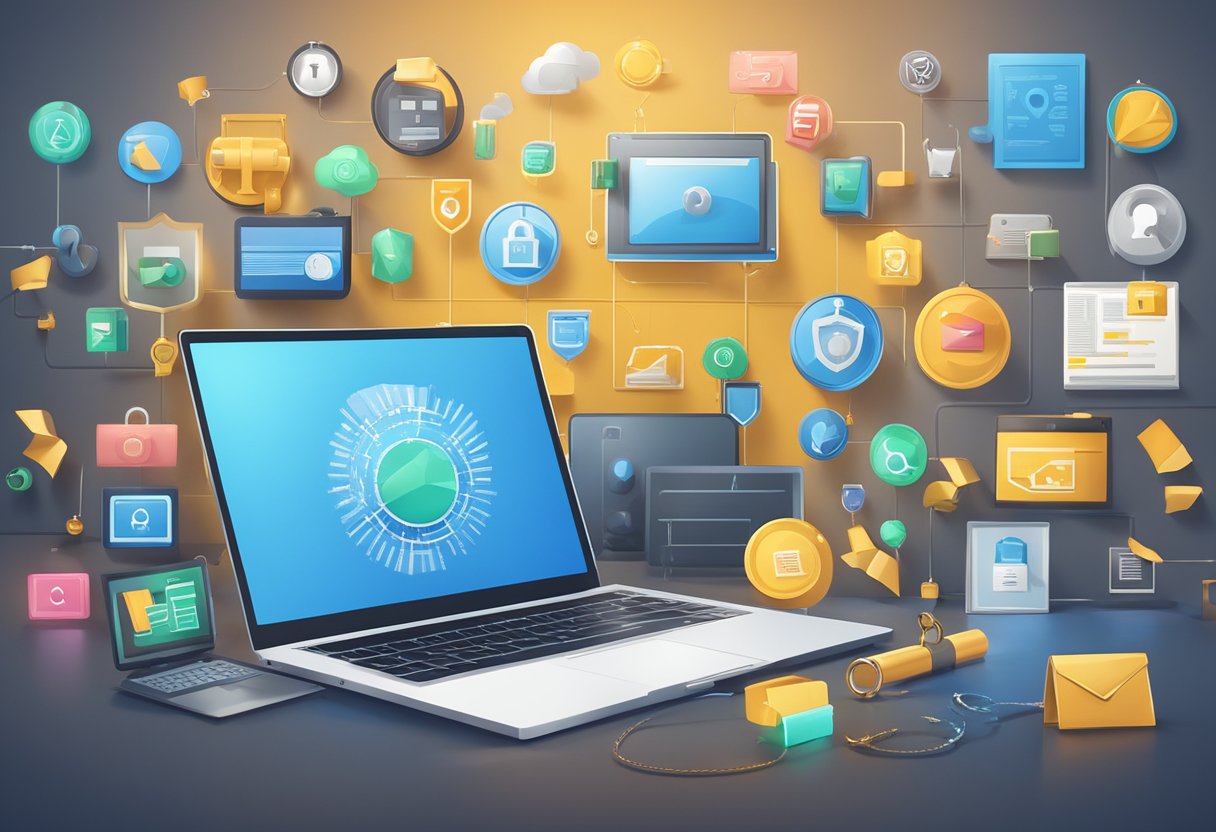 A laptop surrounded by security software icons and a padlock, with a diploma hanging on the wall in the background