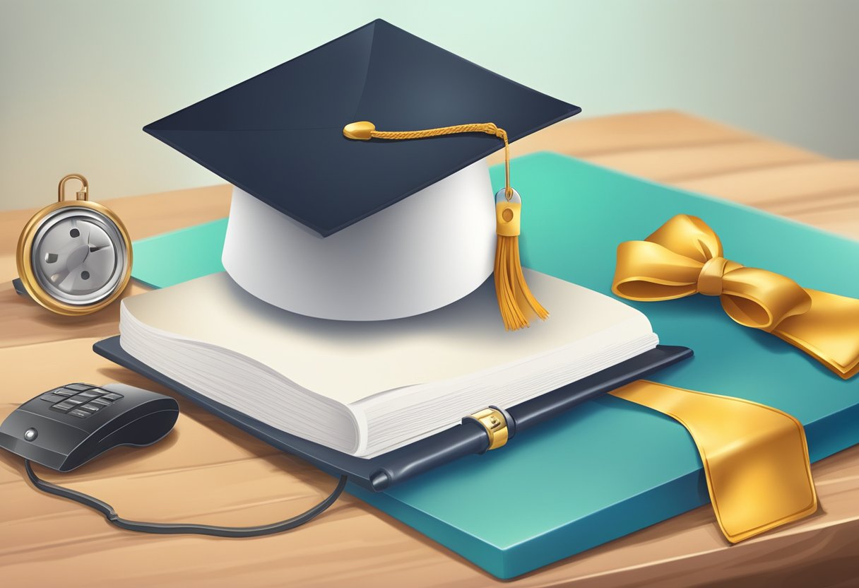 A graduation cap and diploma on a table with a computer and lock icon