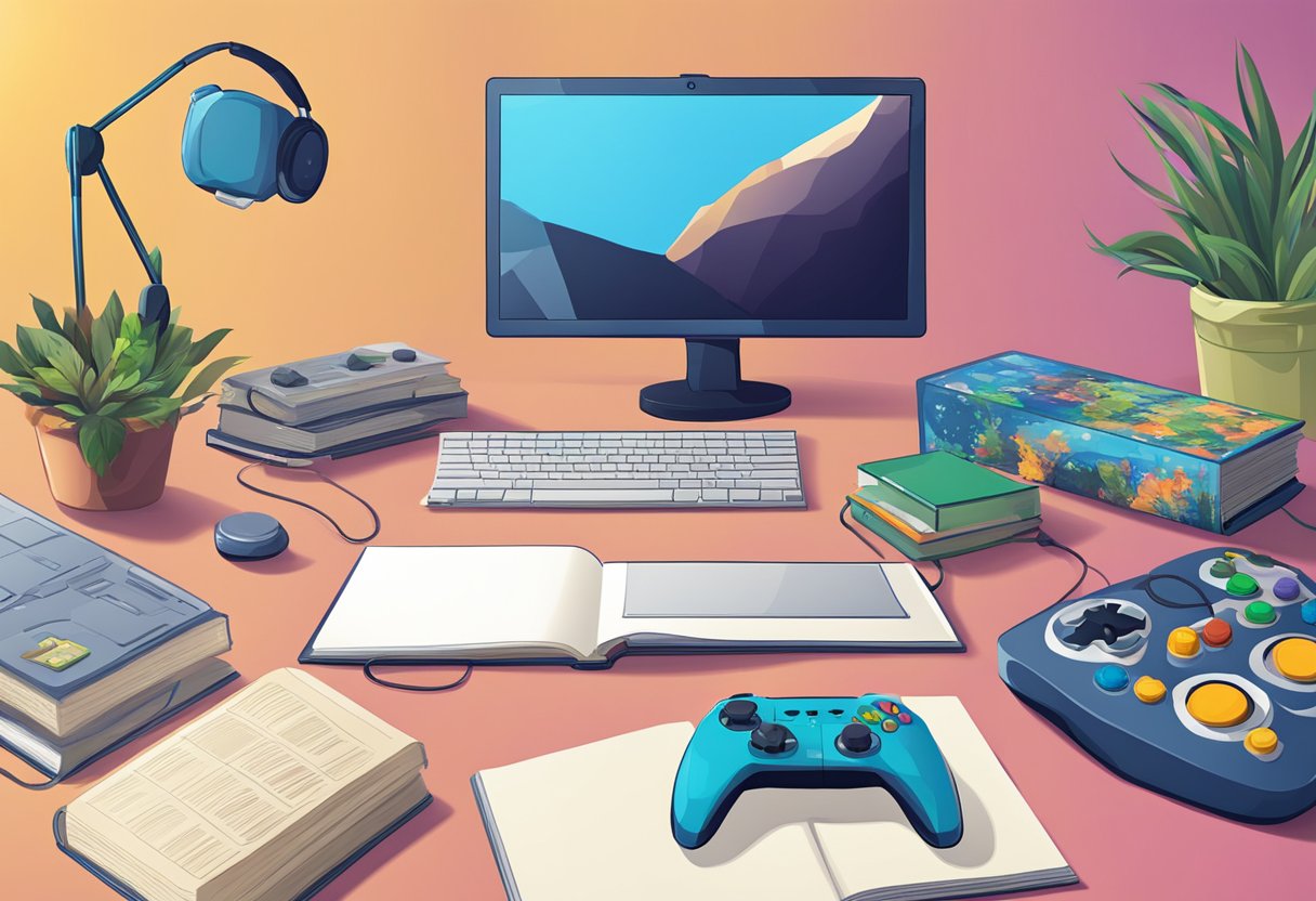 A table with a computer, game controllers, and game design books