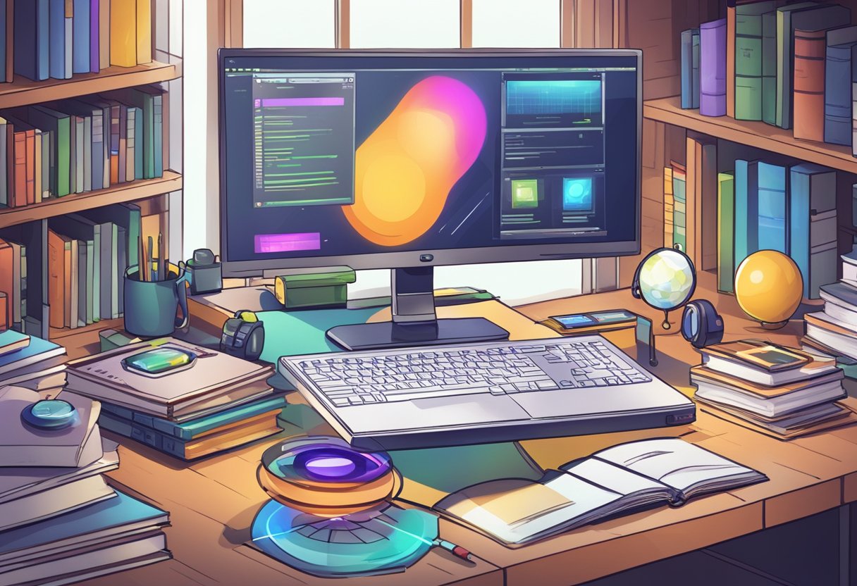 A computer with game development software open, surrounded by books and educational materials