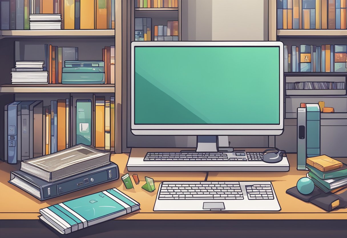 A computer with game development software open, surrounded by game design books and a diploma on the wall