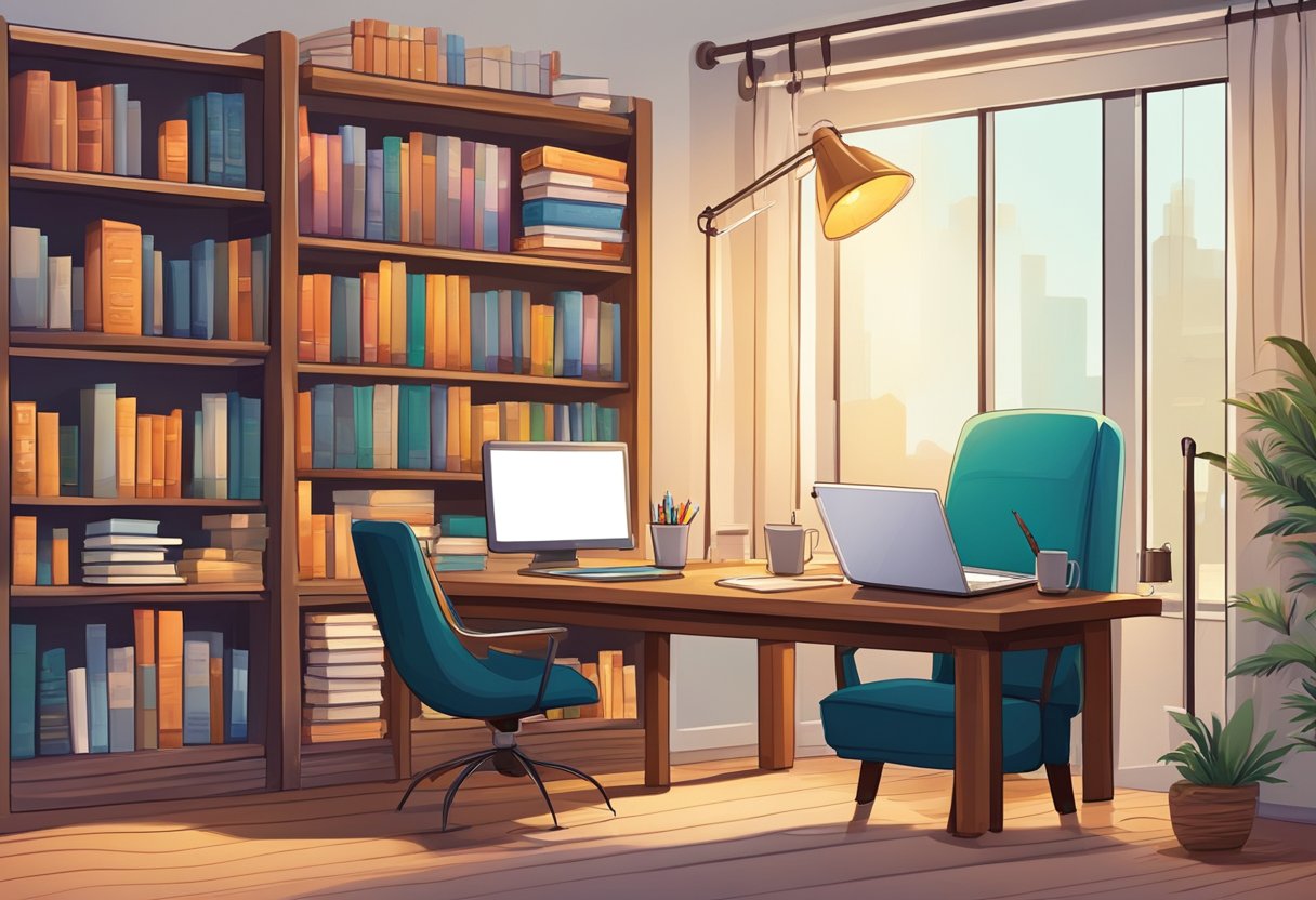 A desk with a laptop, notebooks, and pens. A bookshelf filled with literature and writing guides. A cozy reading nook with a comfortable chair and a lamp