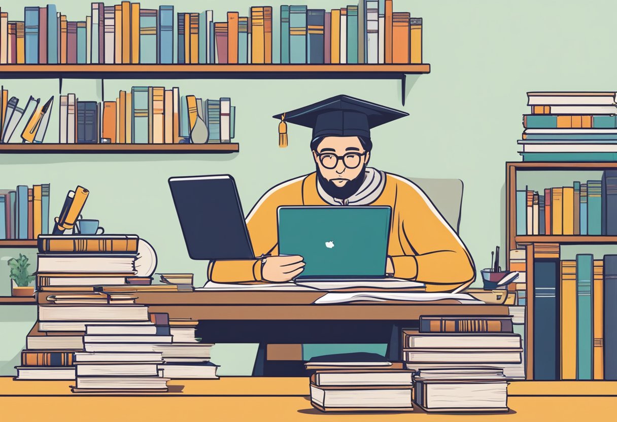 A person studying at a desk surrounded by books, writing utensils, and a laptop, with a diploma on the wall