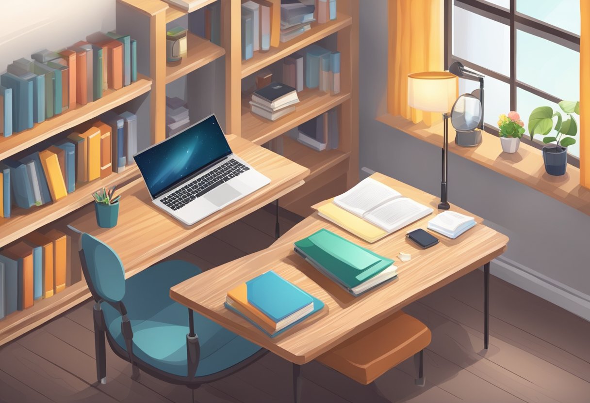 A desk with a laptop, notebooks, and pens. A bookshelf filled with writing guides and literature. A cozy reading nook with a plush chair and a lamp