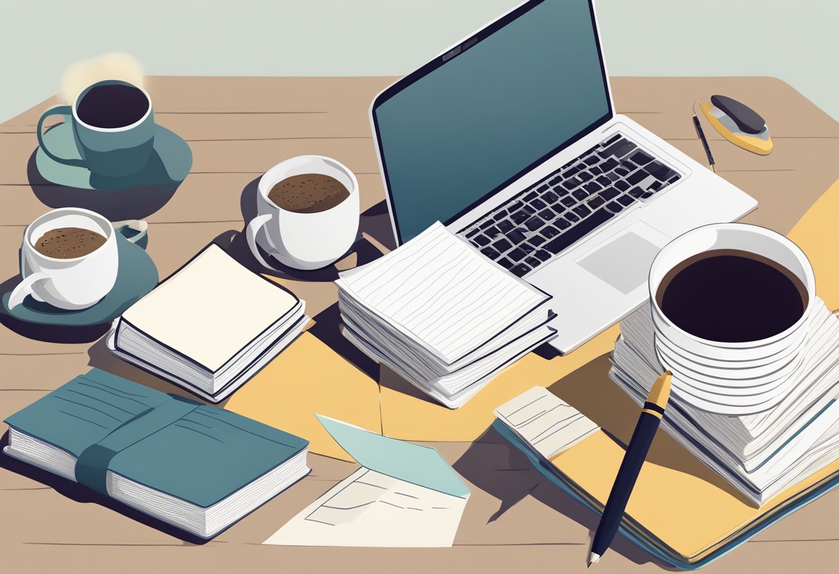 A stack of books on creative writing, a laptop, and a notebook with a pen, surrounded by scattered pages of handwritten notes and a cup of coffee on a desk