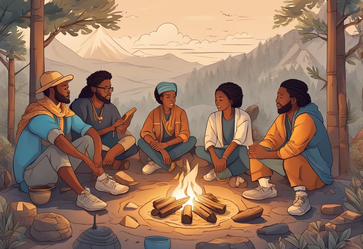 A diverse group of people sharing stories around a campfire, surrounded by cultural artifacts and symbols from different parts of the world