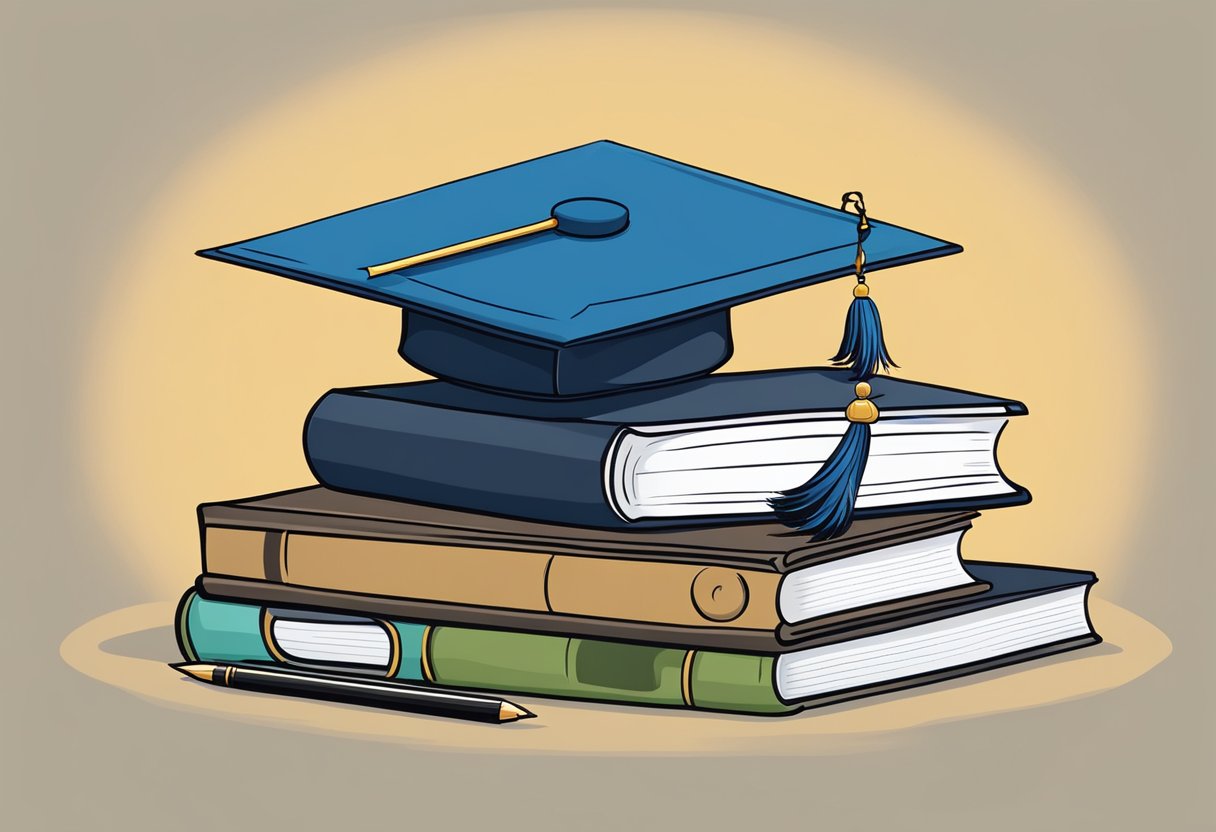 A stack of books with a graduation cap on top, surrounded by a quill pen, inkwell, and open notebook