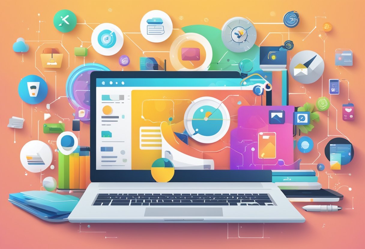 A laptop surrounded by various digital marketing tools and icons