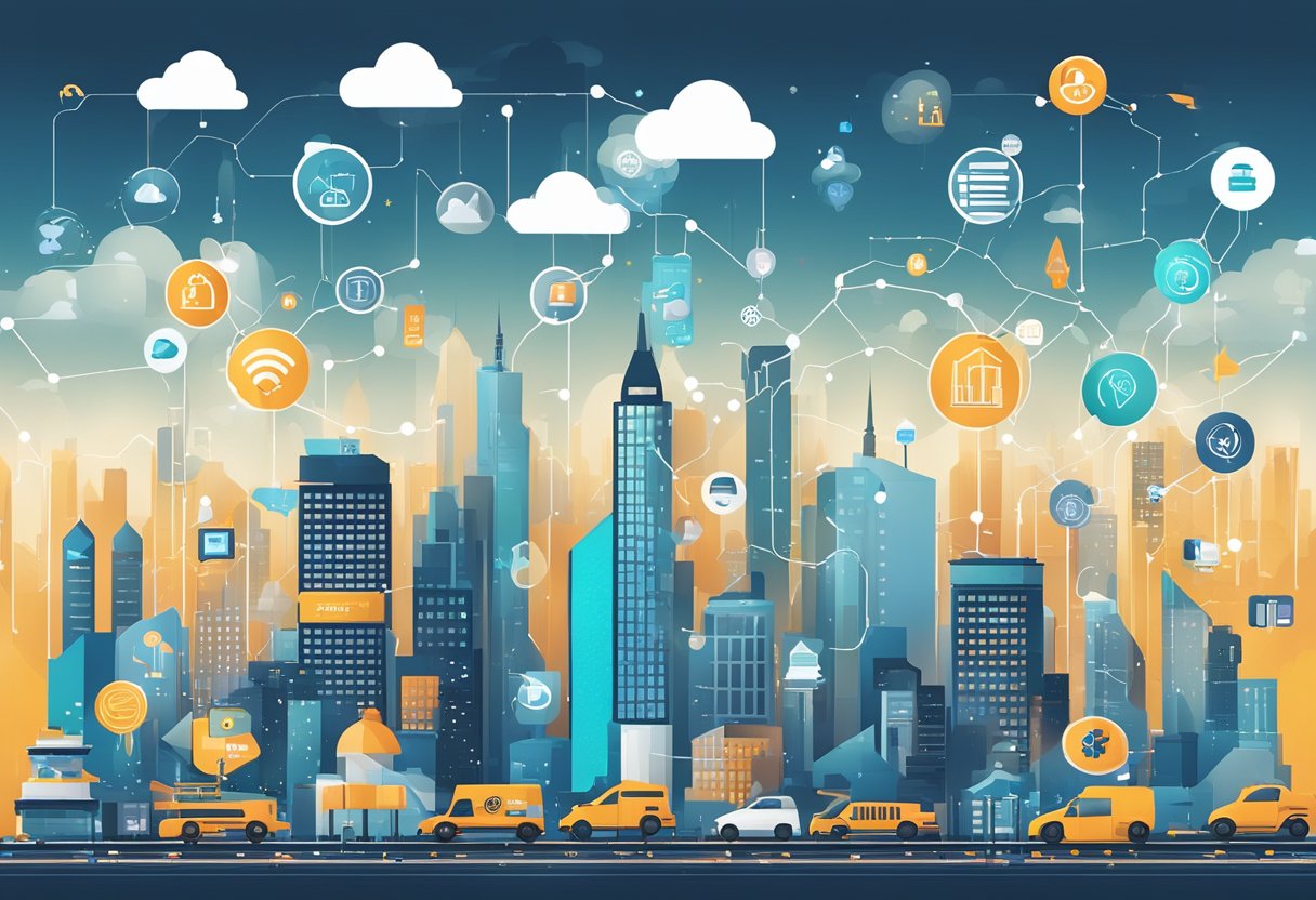 A bustling city skyline with different industry logos floating in the air, connected by digital marketing icons and data streams