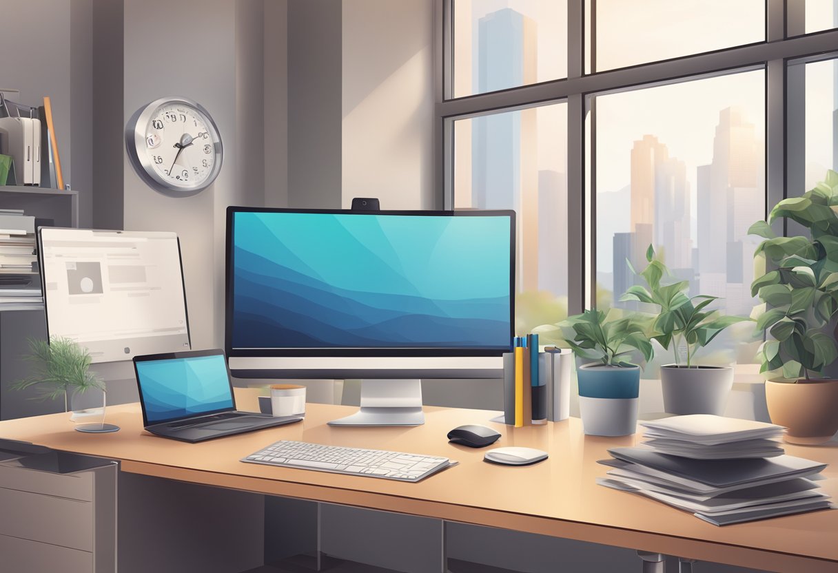 A modern office setting with a computer, desk, and digital marketing materials