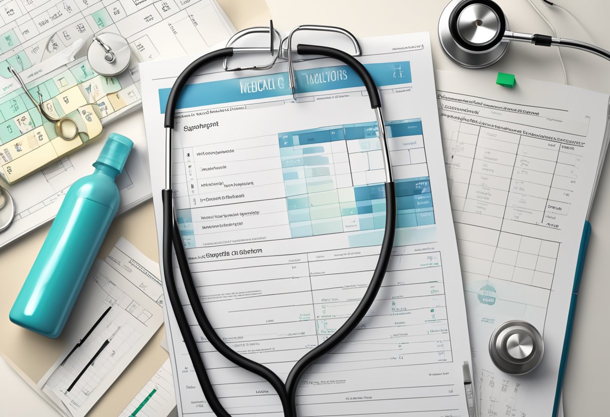 A medical chart with various conditions listed, surrounded by a stethoscope, prescription bottles, and a doctor's white coat