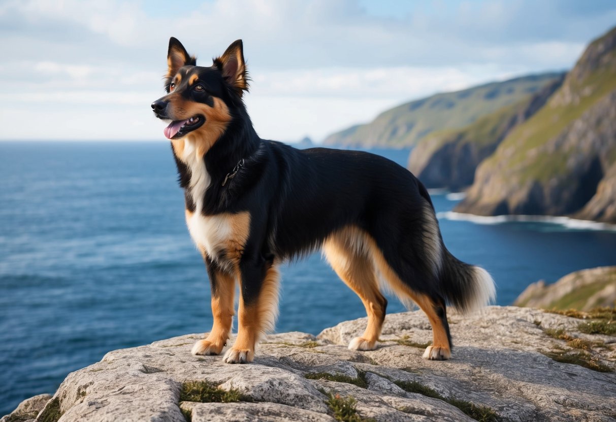 A Norwegian Lundehund dog stands on a rocky coastal cliff, with its distinctive double-jointed legs and pricked ears alert