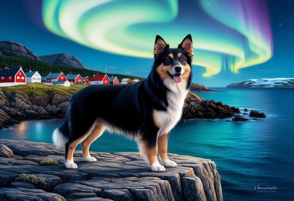 A Norwegian Lundehund dog stands on a rugged coastal cliff, with a backdrop of a traditional Norwegian fishing village and the northern lights shimmering in the sky