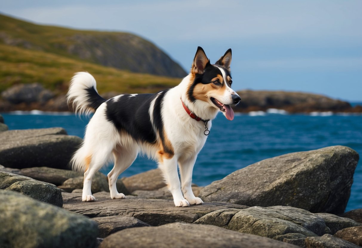 A Norwegian Lundehund dog confidently explores a rocky coastal landscape, its alert expression and agile stance reflecting its curious and independent temperament