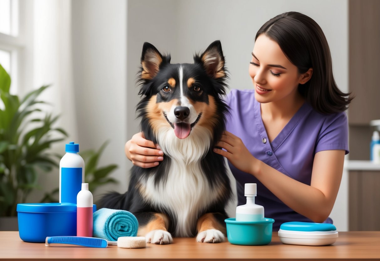 A Norwegian Lundehund dog receiving gentle care from its owner, surrounded by health and grooming supplies