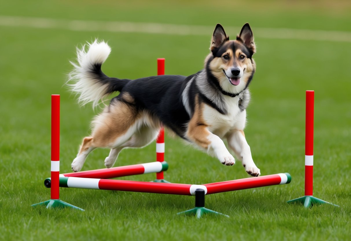 A Norwegian Lundehund dog performing agility training in a grassy field